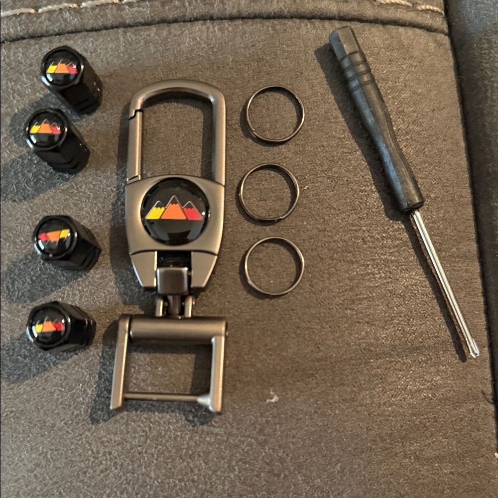 Mountain Emblem Keychain and Tire Valve Caps Set - Black